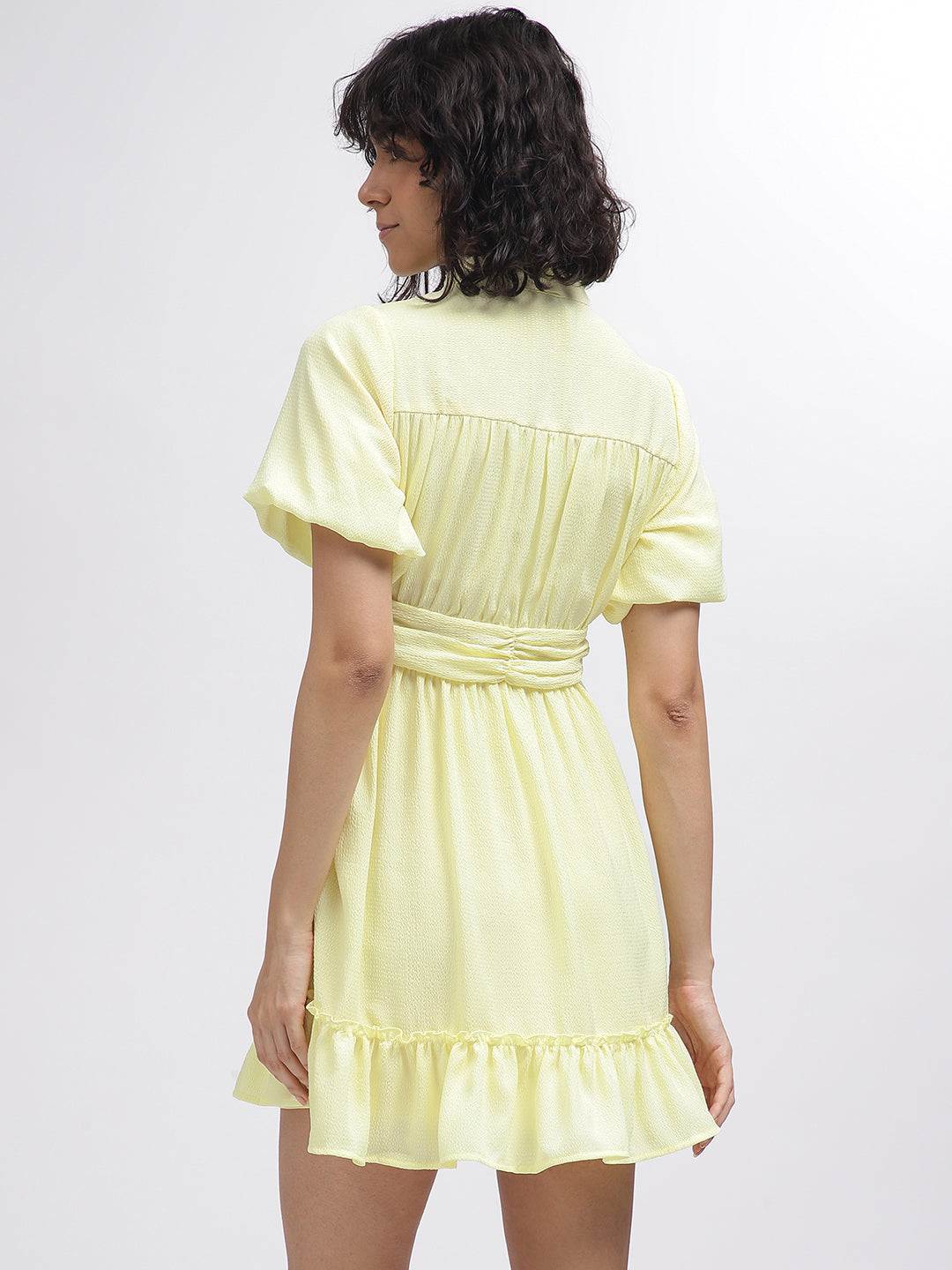 Elle Women Yellow Solid Band Collar Short Sleeves Dress