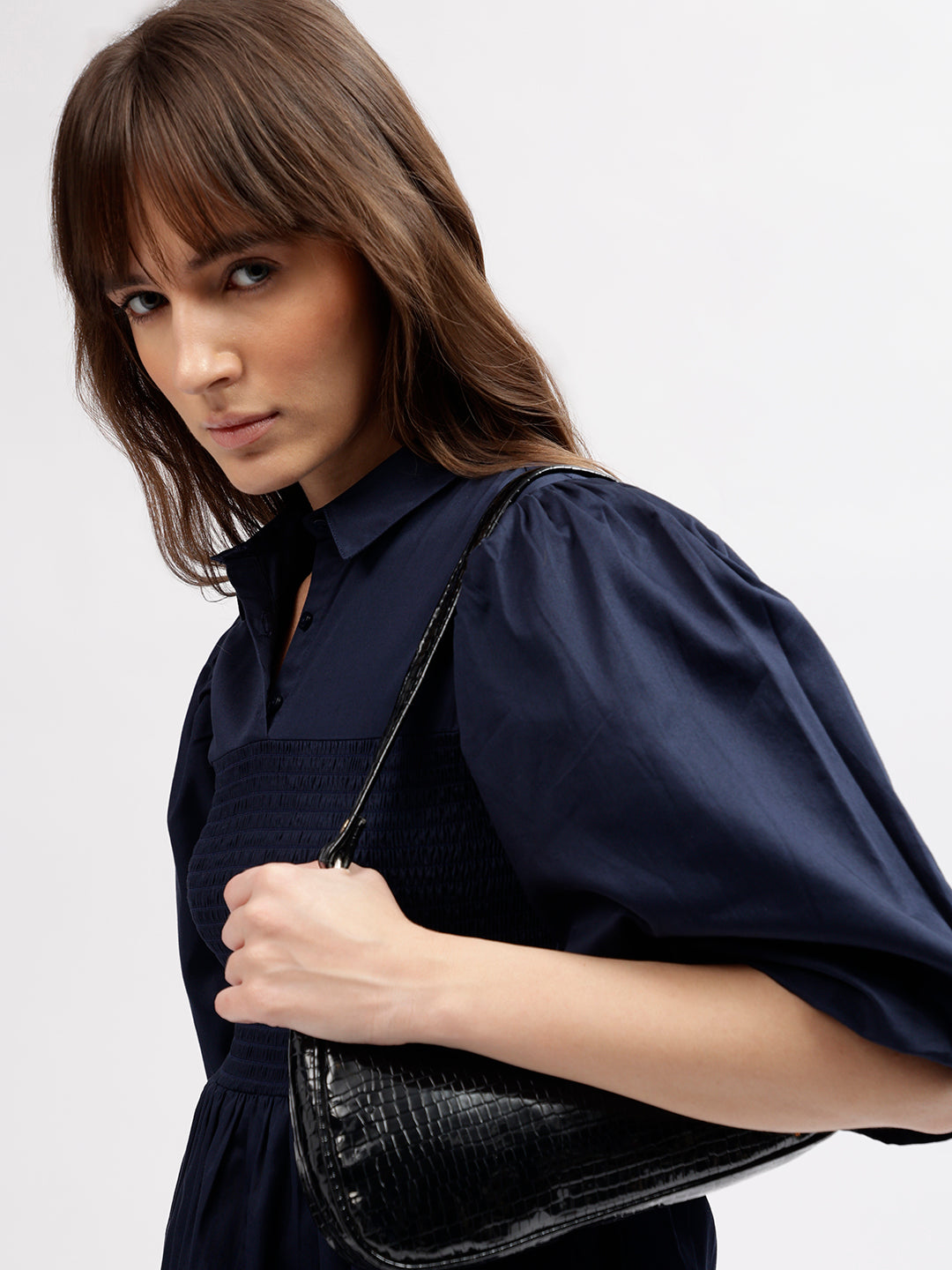 Elle Women Navy Blue Solid Shirt Collar 3/4th Sleeves Dress