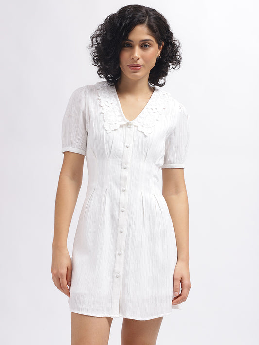 Elle Women White Solid V-Neck Short Sleeves Dress