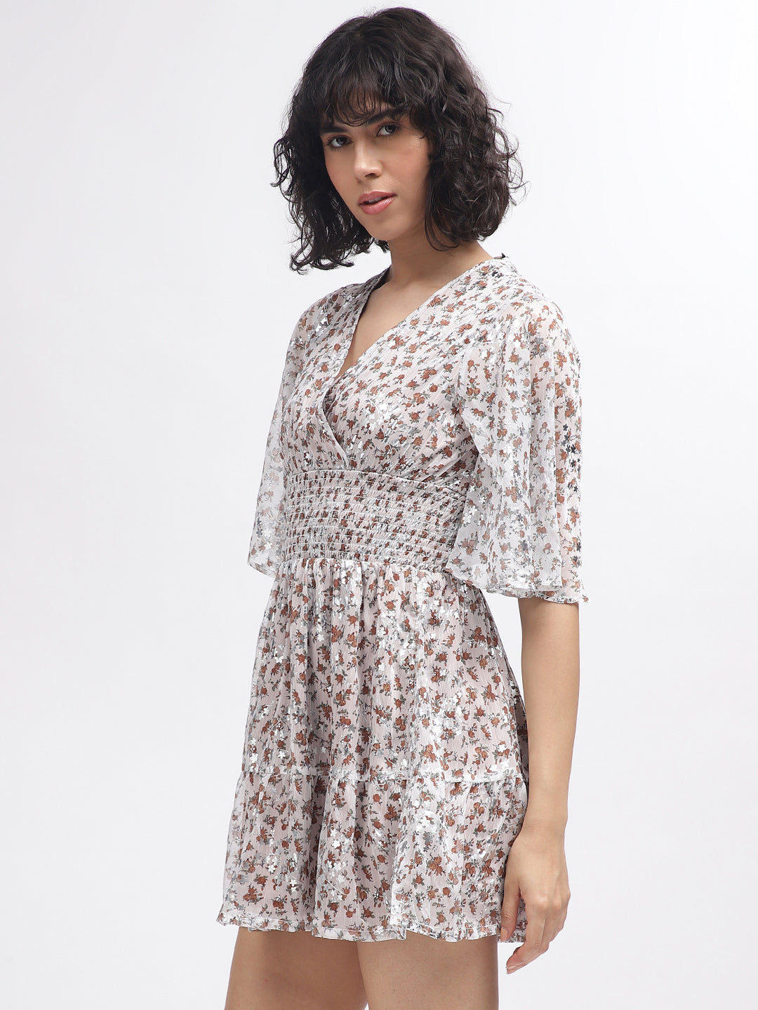 Elle Women Off White Printed V-Neck Short Sleeves Dress