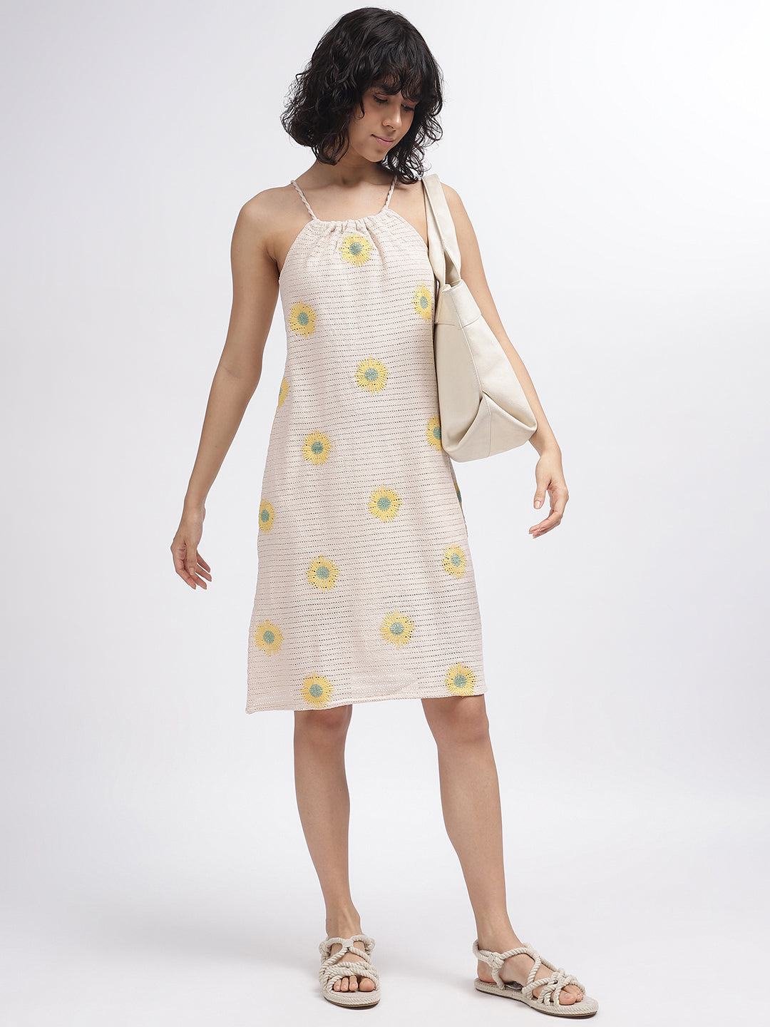 Elle Women Beige Self-Design Square Neck Shoulder Straps Dress