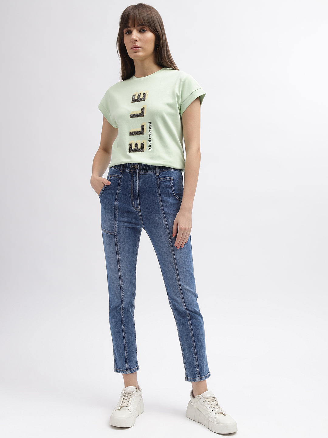 Elle Women Blue Solid Slim Straight Fit Mid-Rise Jeans