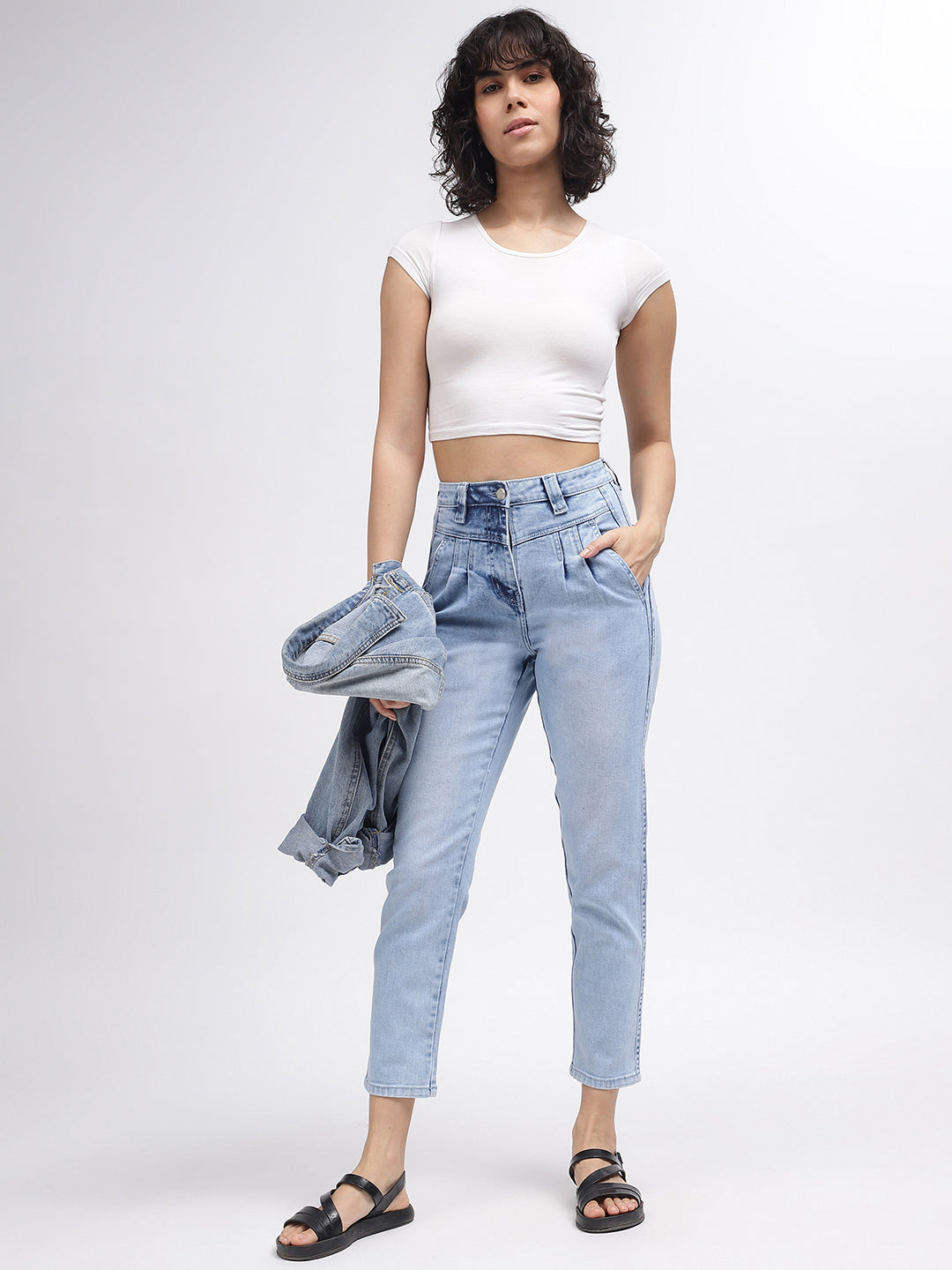 Elle Women Blue Solid Slim Straight Fit Jeans