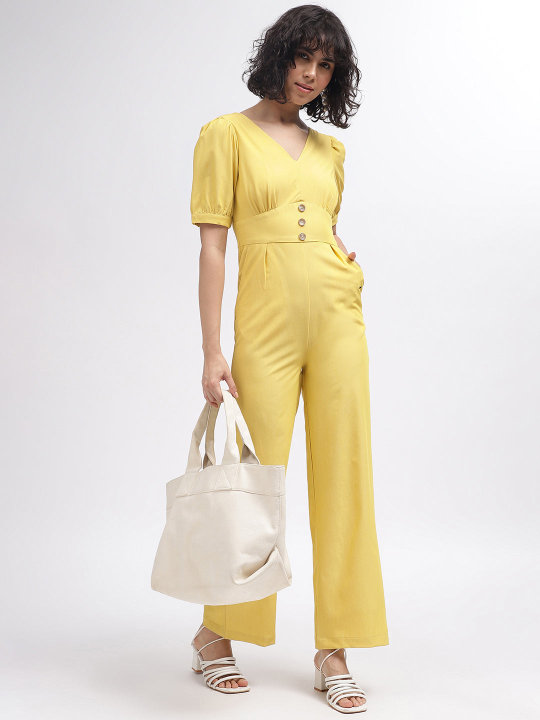 Elle Women Yellow Solid V-Neck Short Sleeves Jumpsuit