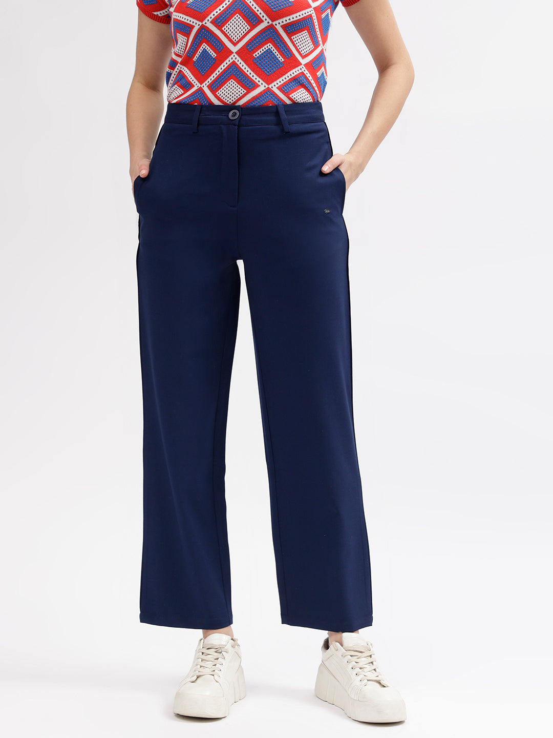 Elle Women Navy Blue Solid Straight Fit Mid-Rise Trouser