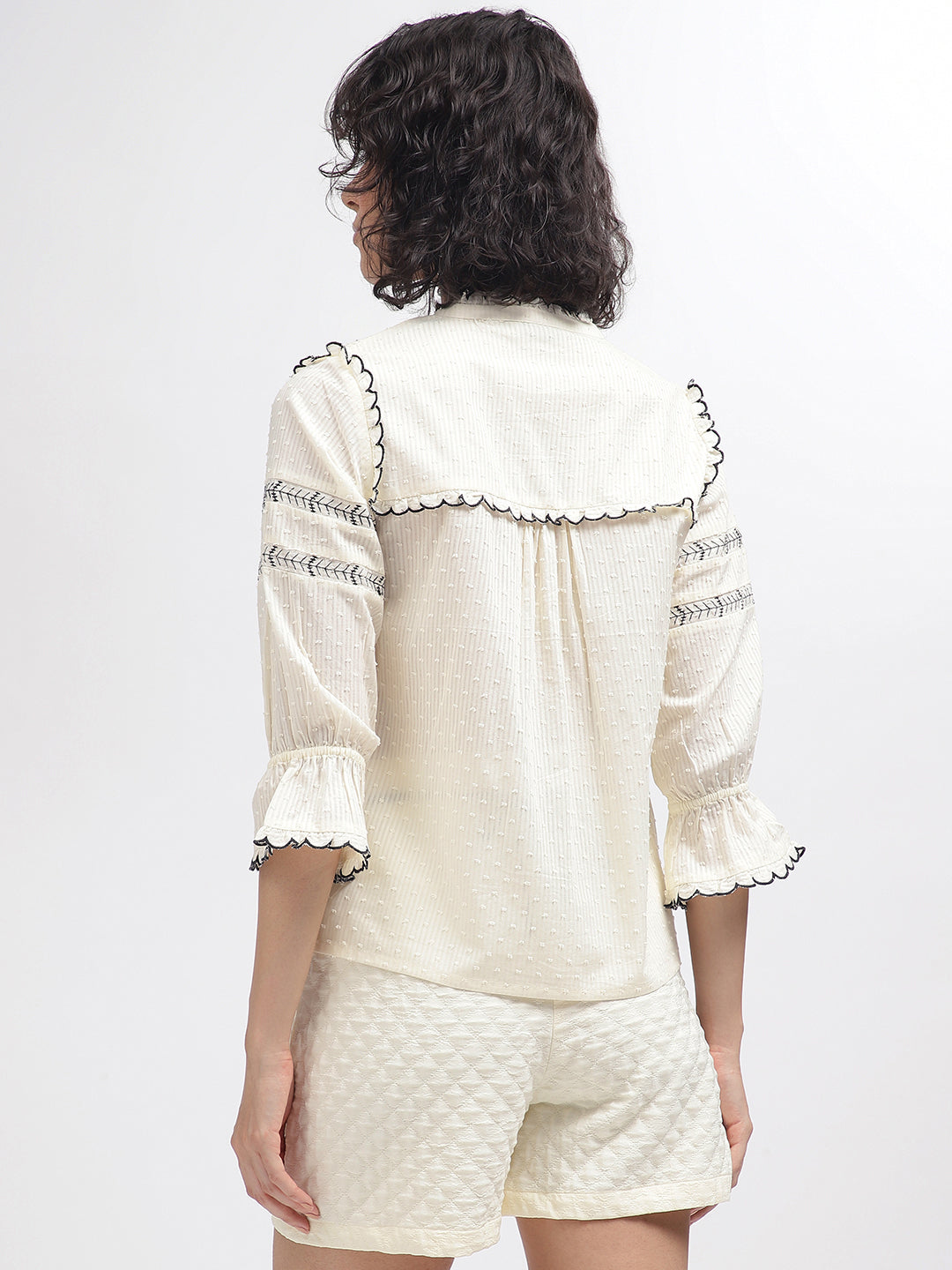 Elle Women Off White Embroidered Band Collar 3/4Th Sleeves Top