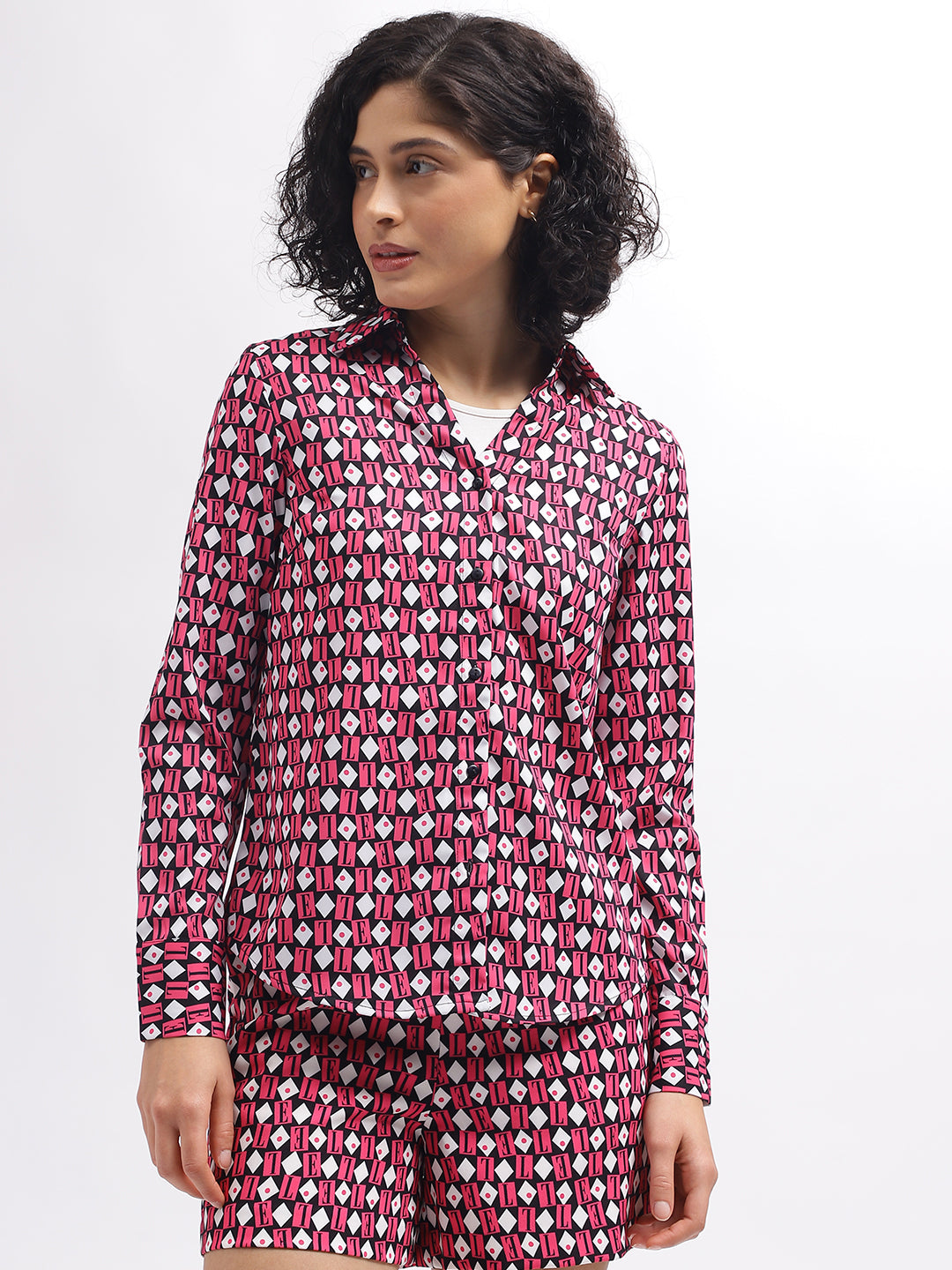 Elle Women Pink Printed Spread Collar Full Sleeves Shirt