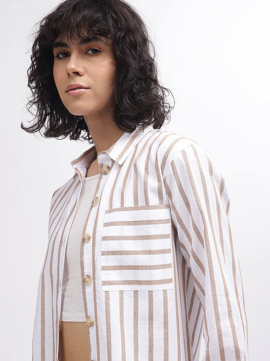 Elle Women White Striped Spread Collar Full Sleeves Shirt