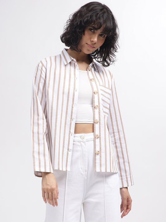 Elle Women White Striped Spread Collar Full Sleeves Shirt