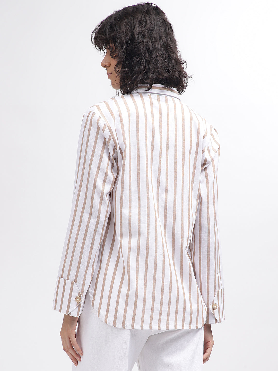 Elle Women White Striped Spread Collar Full Sleeves Shirt