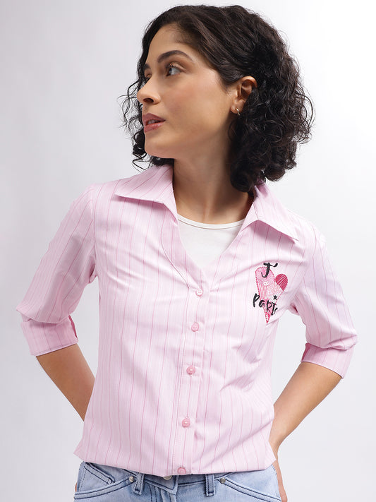 Elle Women Pink Striped Spread Collar Full Sleeves Shirt