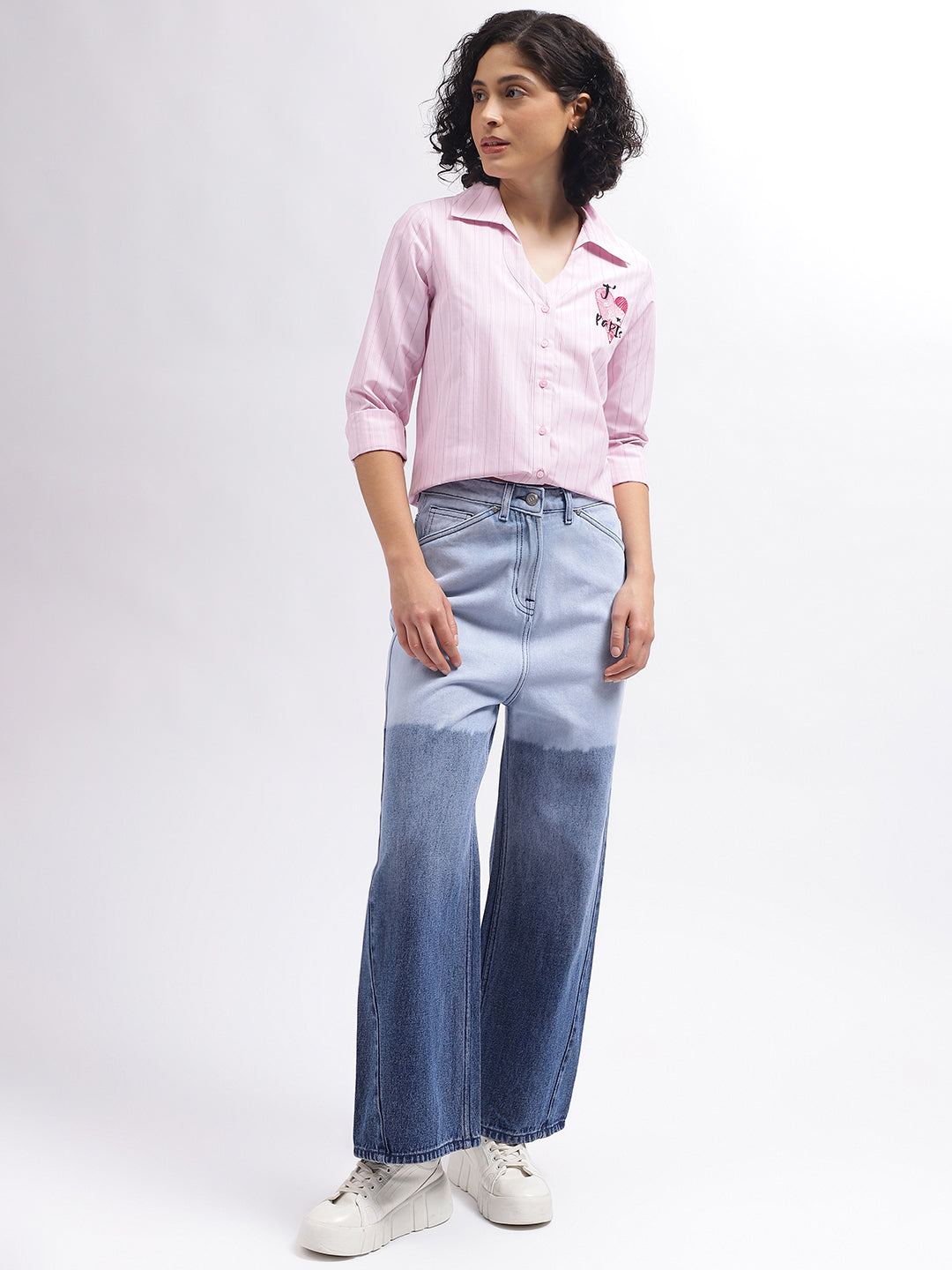 Elle Women Pink Striped Spread Collar Full Sleeves Shirt