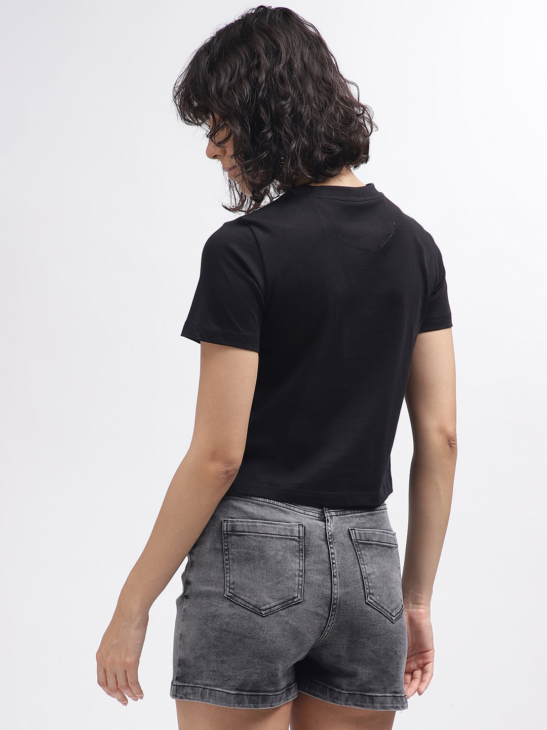 Elle Women Black Embellished Round Neck Short Sleeves T-Shirt