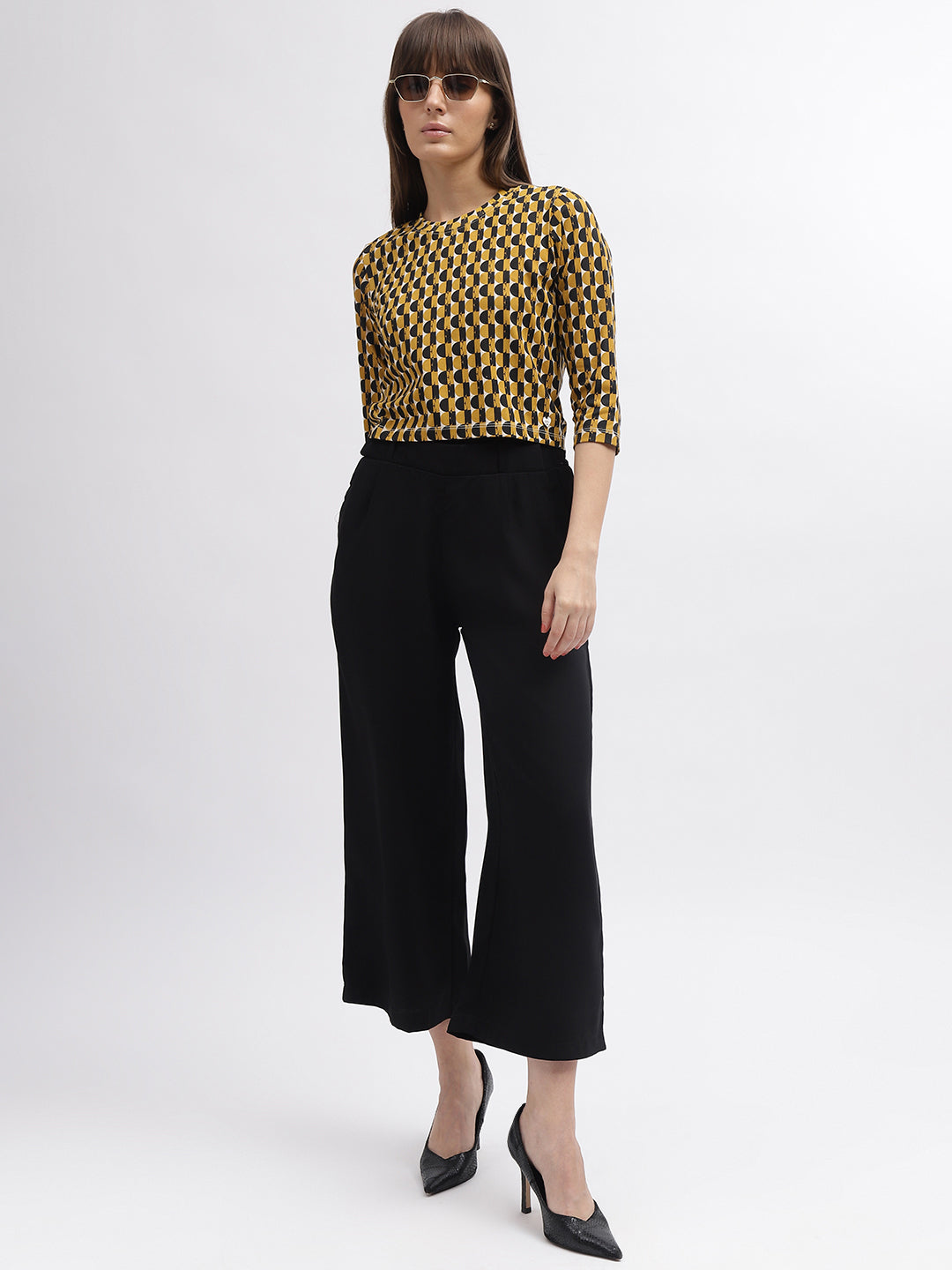 Elle Women Mustard Printed Round Neck 3/4th Sleeves Tshirt