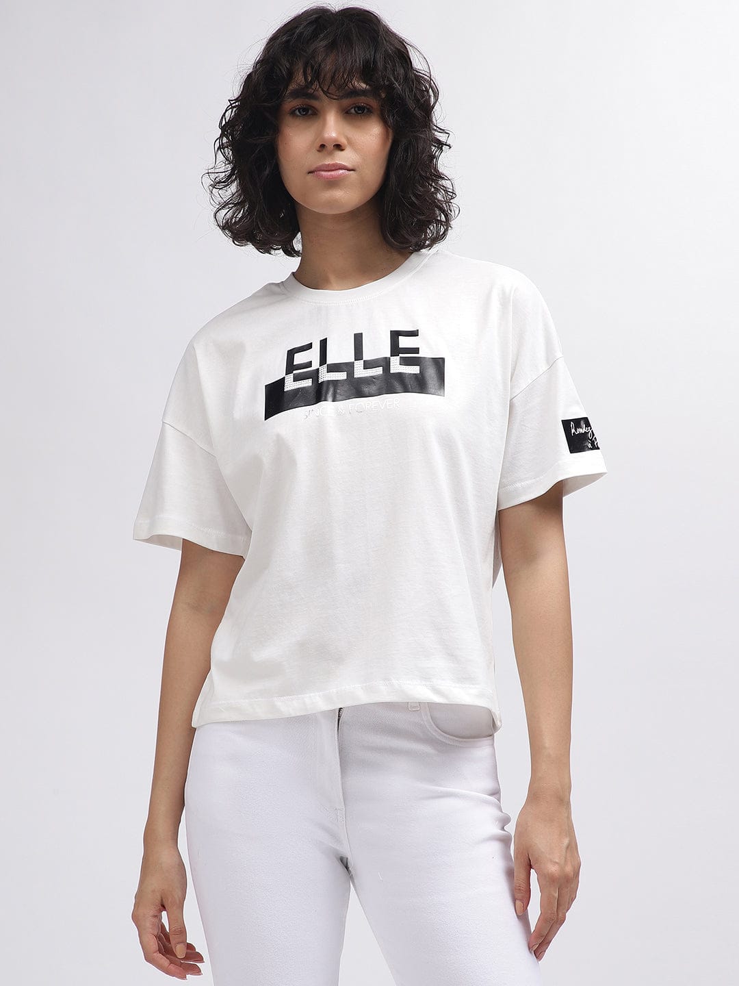Elle Women White Crew Neck Tshirt