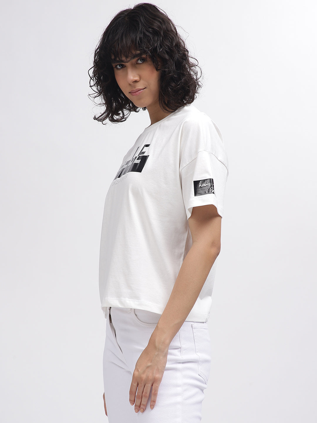 Elle Women White Printed Round Neck Short Sleeves T-Shirt