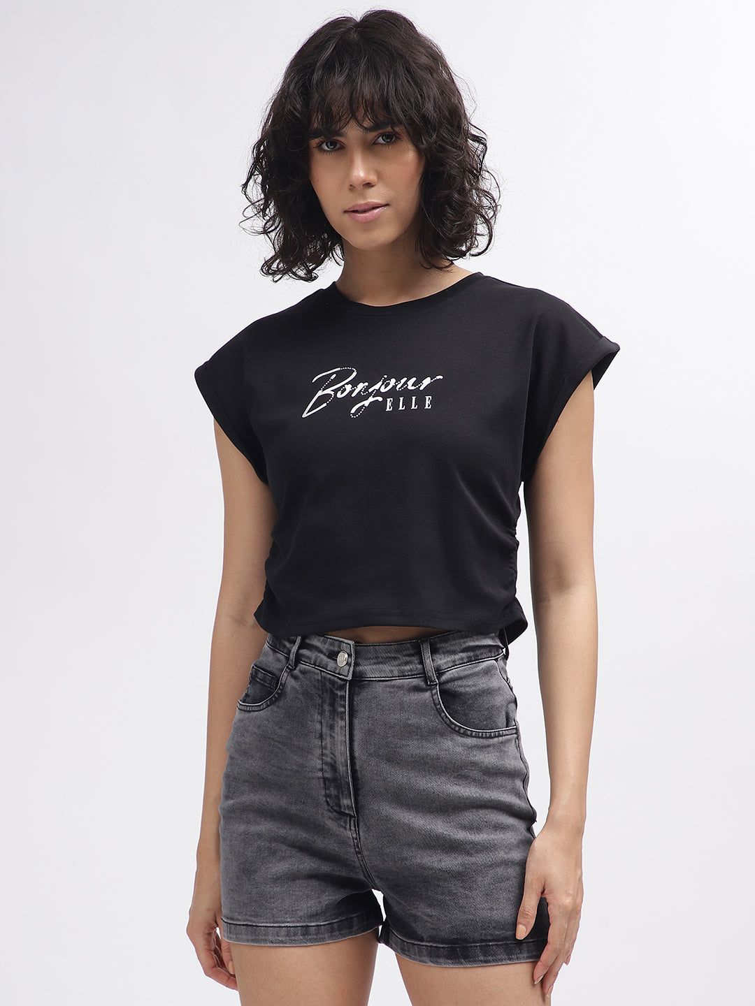 Elle Women Black Printed Round Neck Short Sleeves T-Shirt