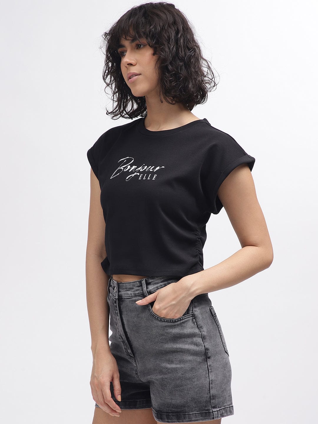 Elle Women Black Crew Neck Tshirt