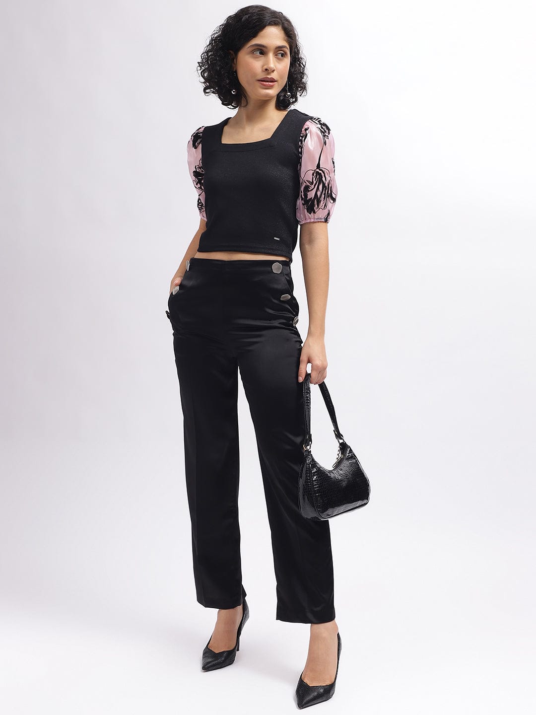 Elle Women Black Square Neck Tshirt