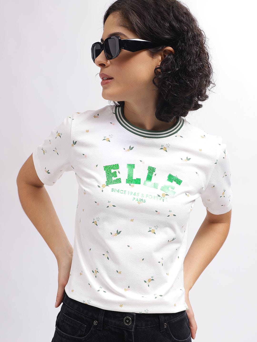 Elle Women White Crew Neck Tshirt
