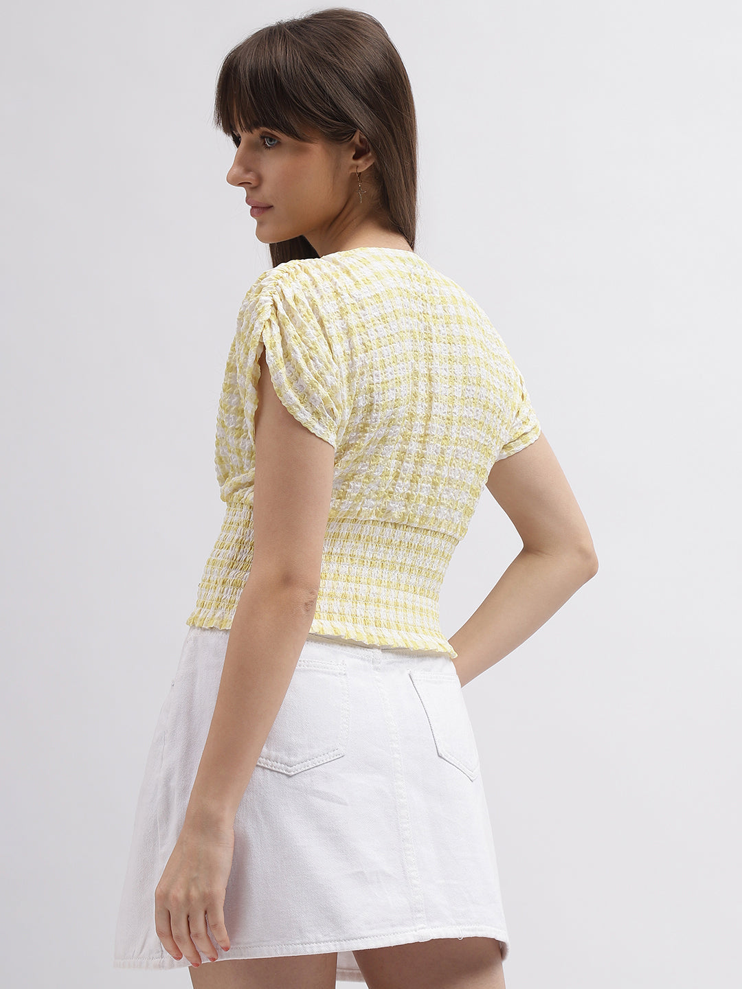 Elle Women Yellow Checked V-Neck Short Sleeves Top