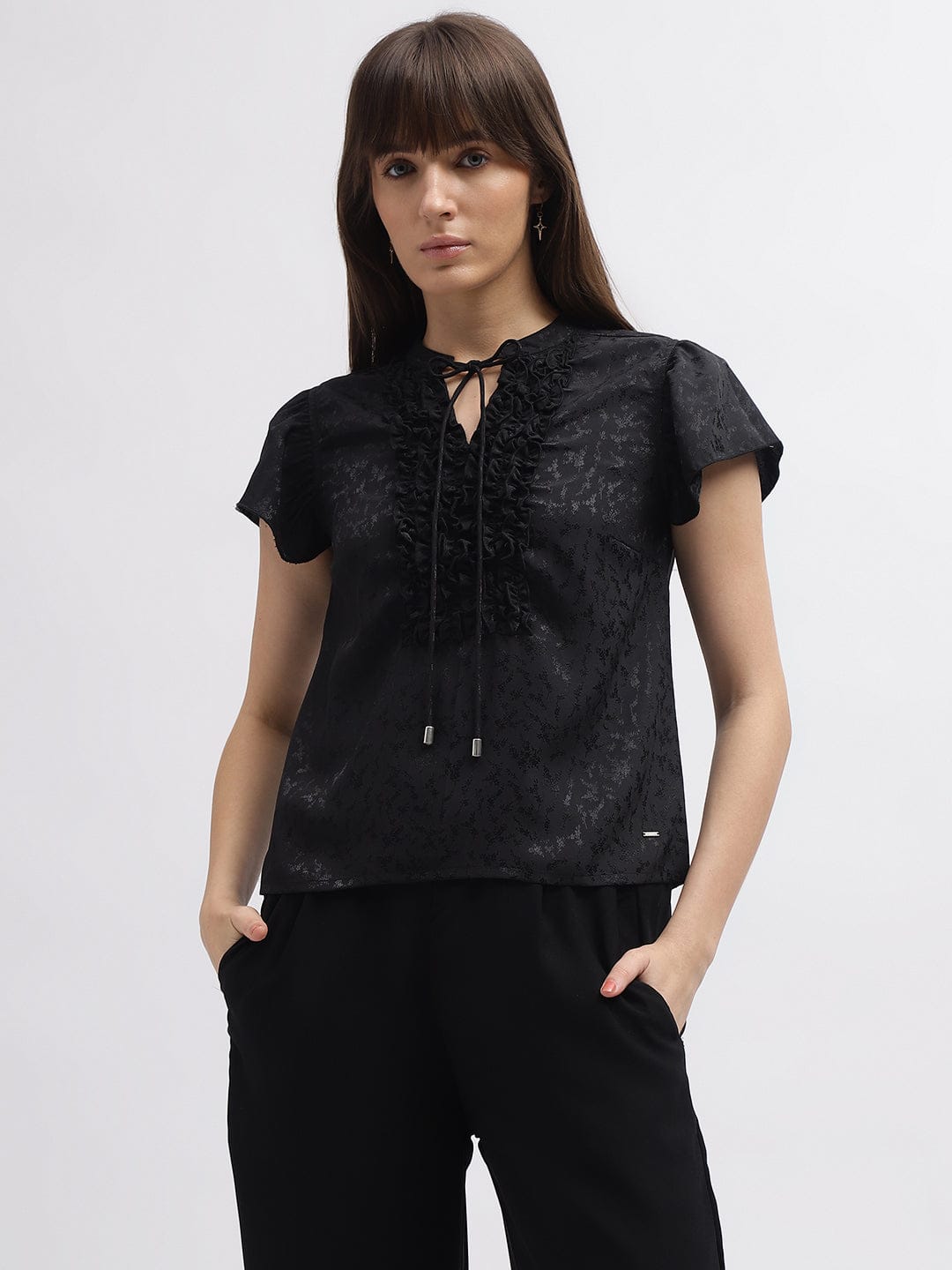 Elle Women Black Band Collar Top