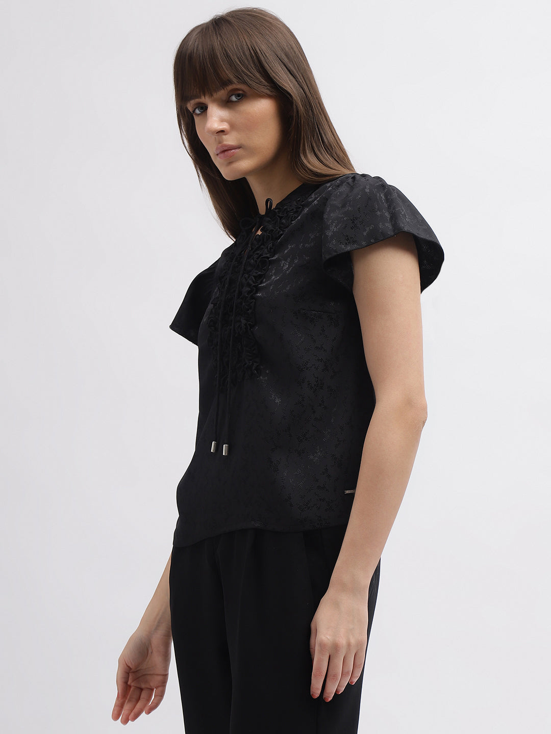 Elle Women Black Printed Band Collar Short Sleeves Top