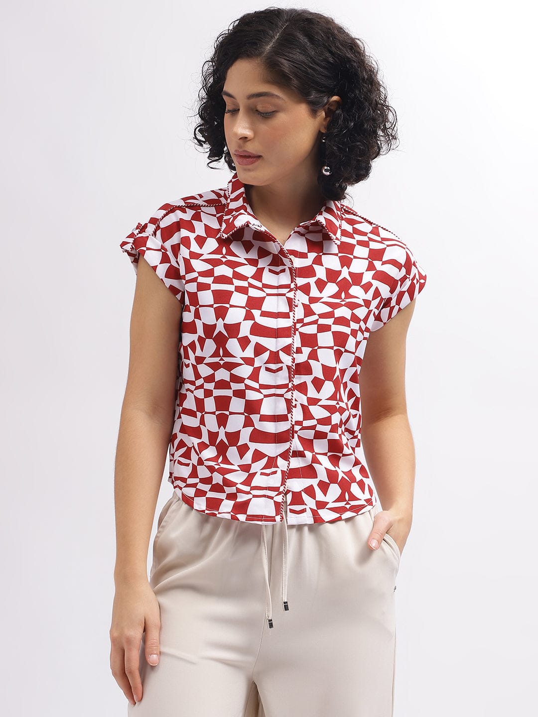 Elle Women Red Collar Top