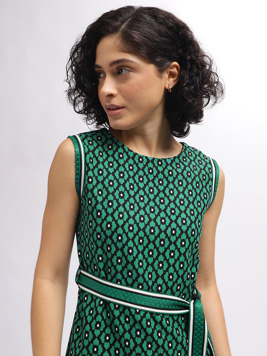 Iconic Women Green Printed Round Neck Sleeveless Dress