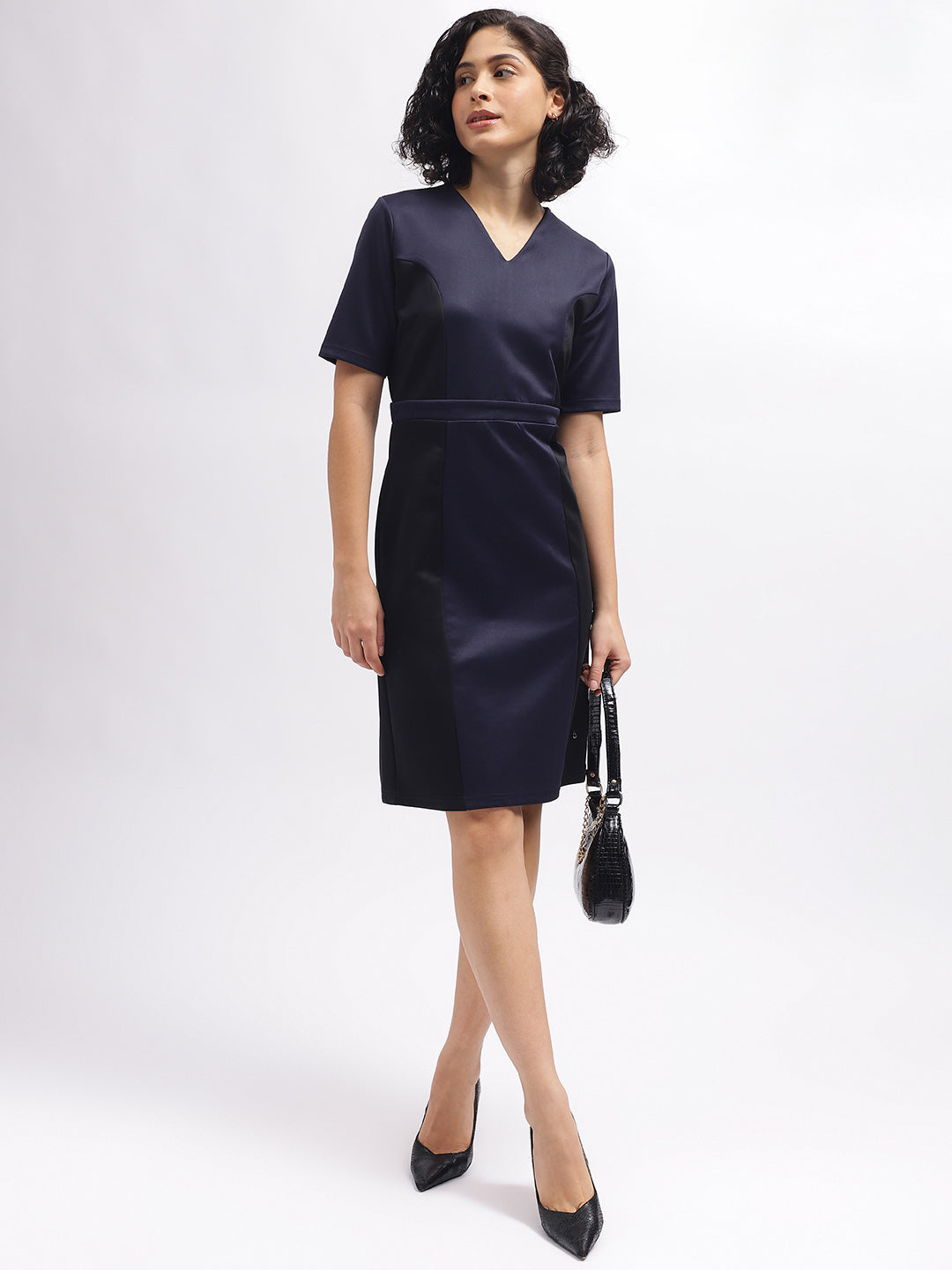 Iconic Women Navy Blue Colour Blocked V-Neck Short Sleeves Dress