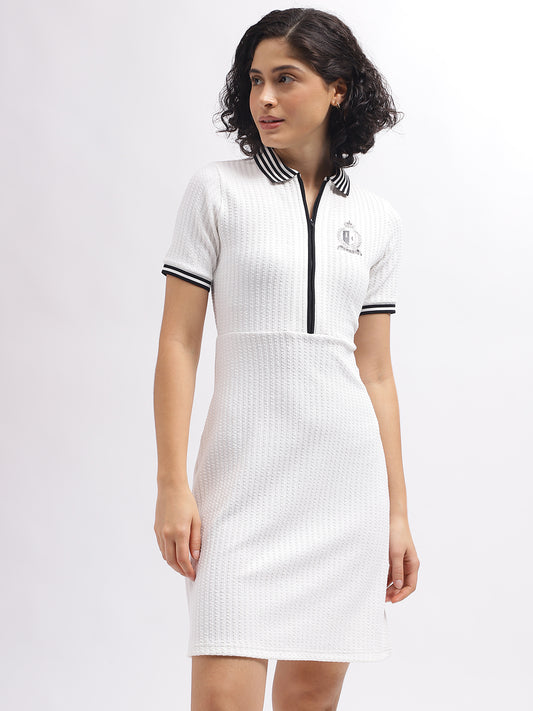 Iconic Women White Solid Shirt Collar Short Sleeves Dress