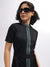 Iconic Women Black Solid Band Collar Short Sleeves Dress