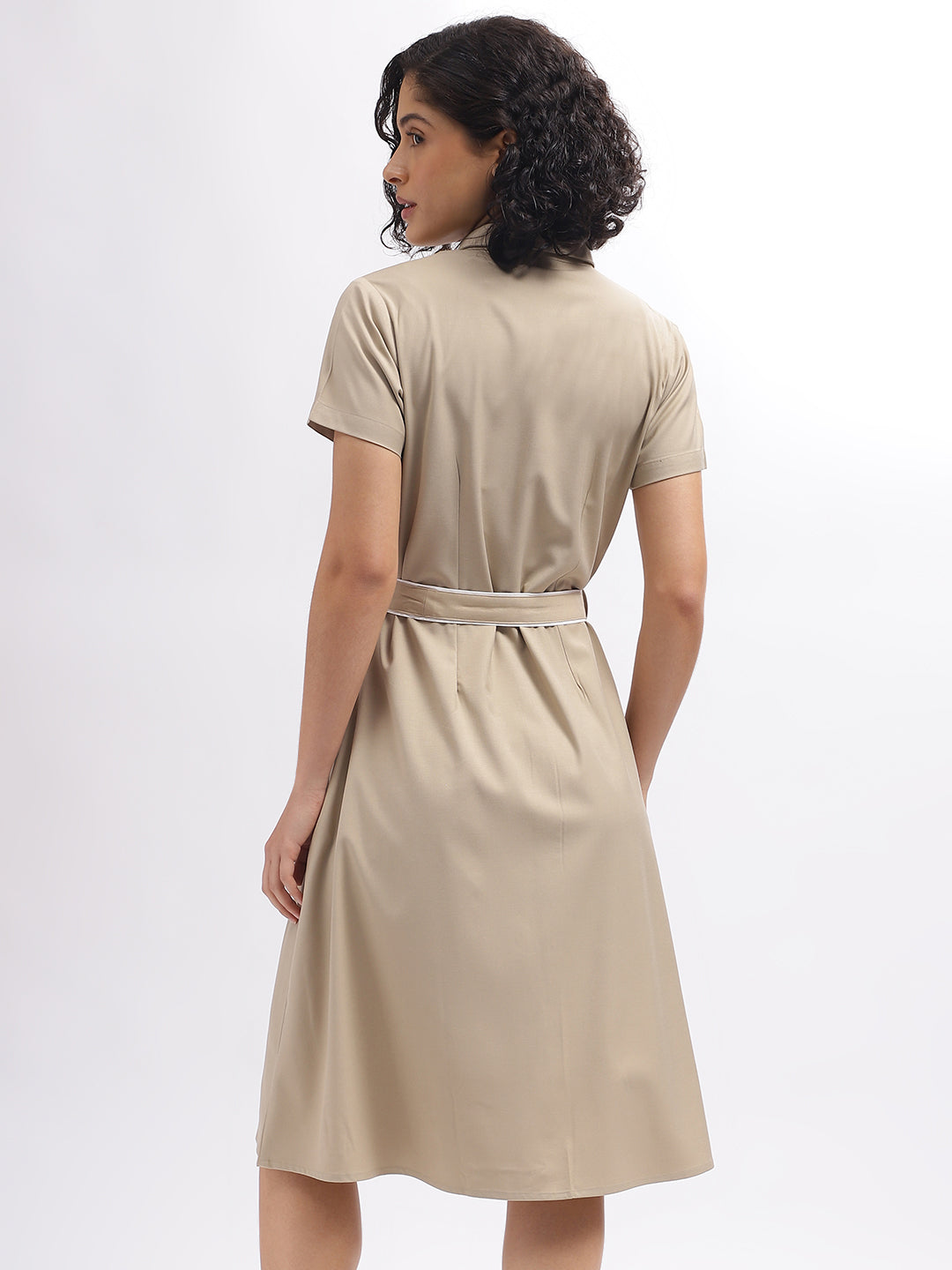 Iconic Women Beige Solid Shirt Collar Short Sleeves Dress