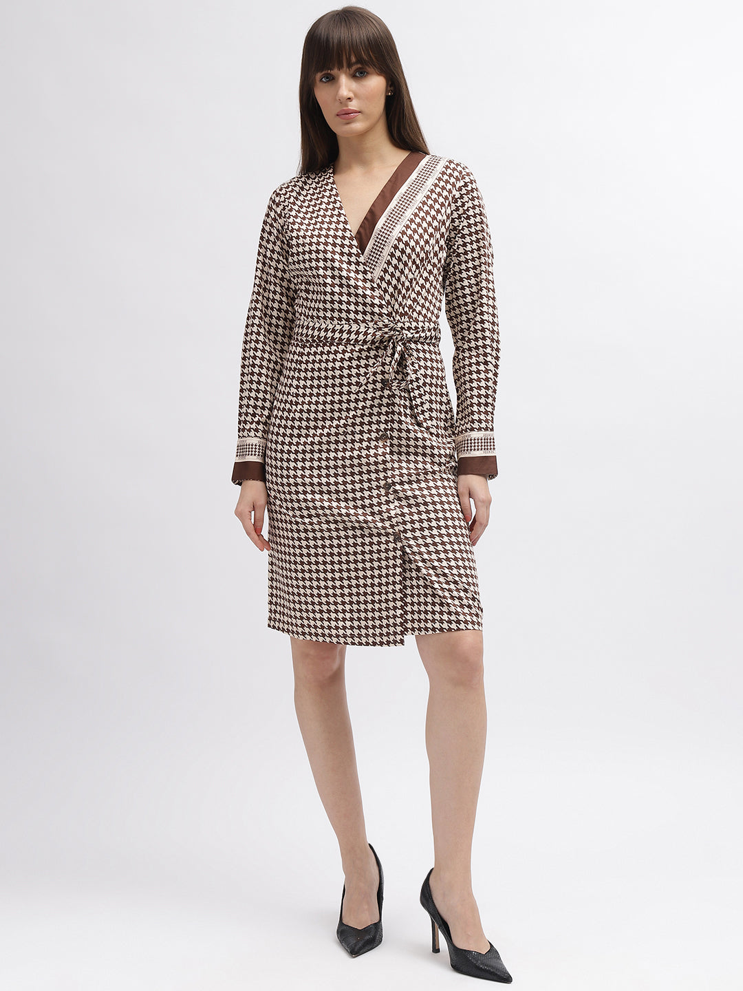 Iconic Women Brown Checked V-Neck Full Sleeves Dress