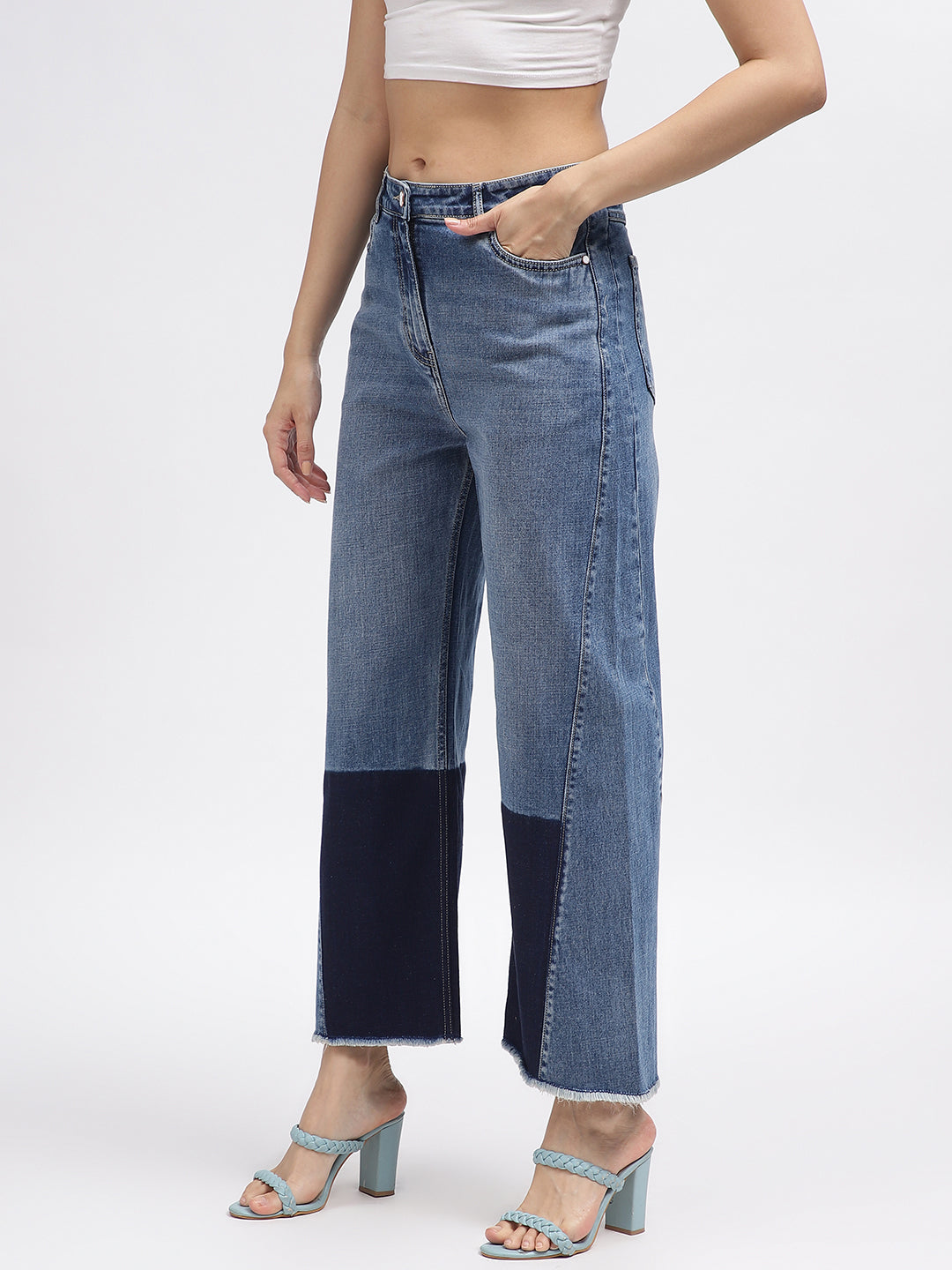 Iconic Women Blue Colour Blocked Flared Jeans