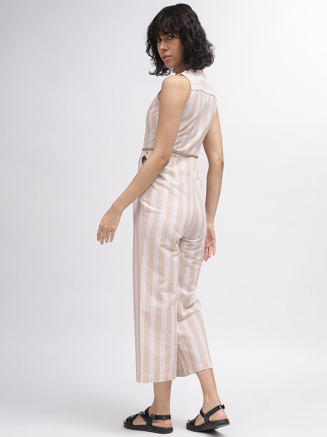 Iconic Women Beige Striped V-Neck Sleeveless Jumpsuit