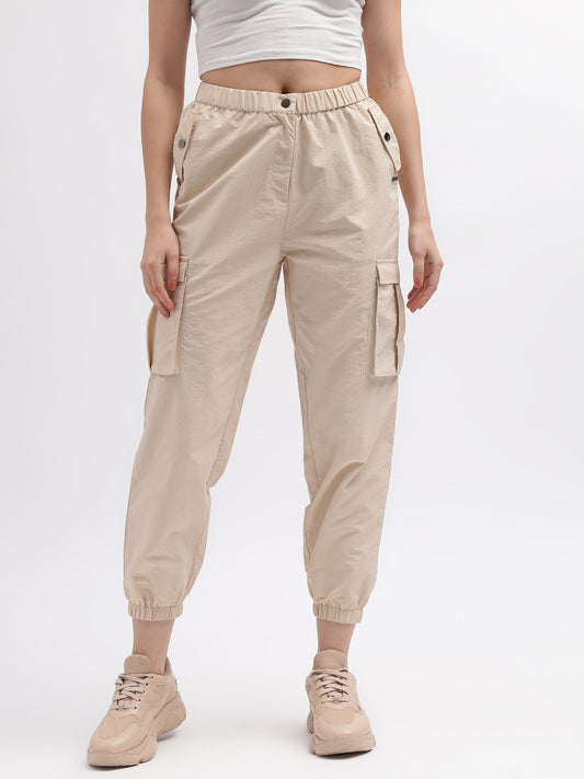 Iconic Women Beige Solid Regular Fit Mid-Rise Trouser