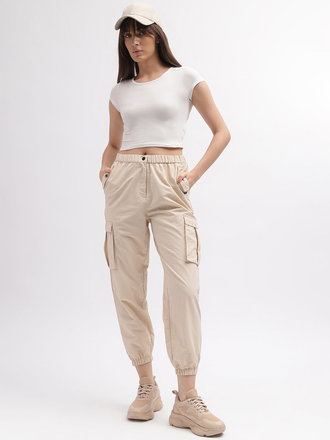 Iconic Women Beige Solid Regular Fit Mid-Rise Trouser