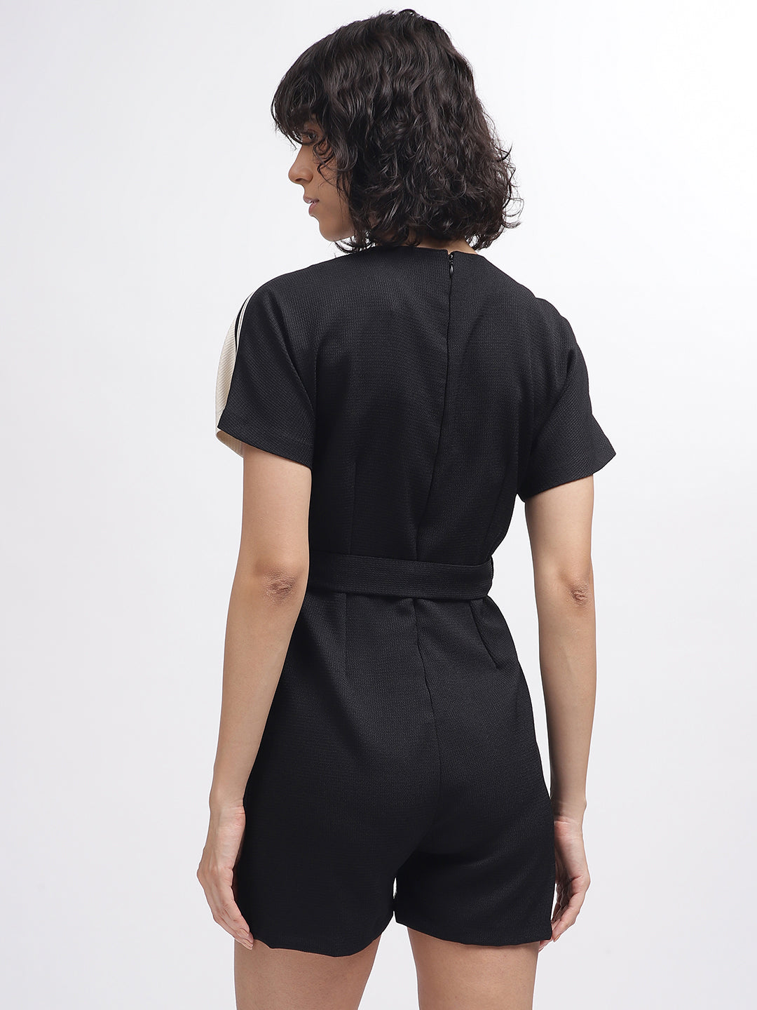 Iconic Women Black Colour Blocked Round Neck Short Sleeves Playsuit