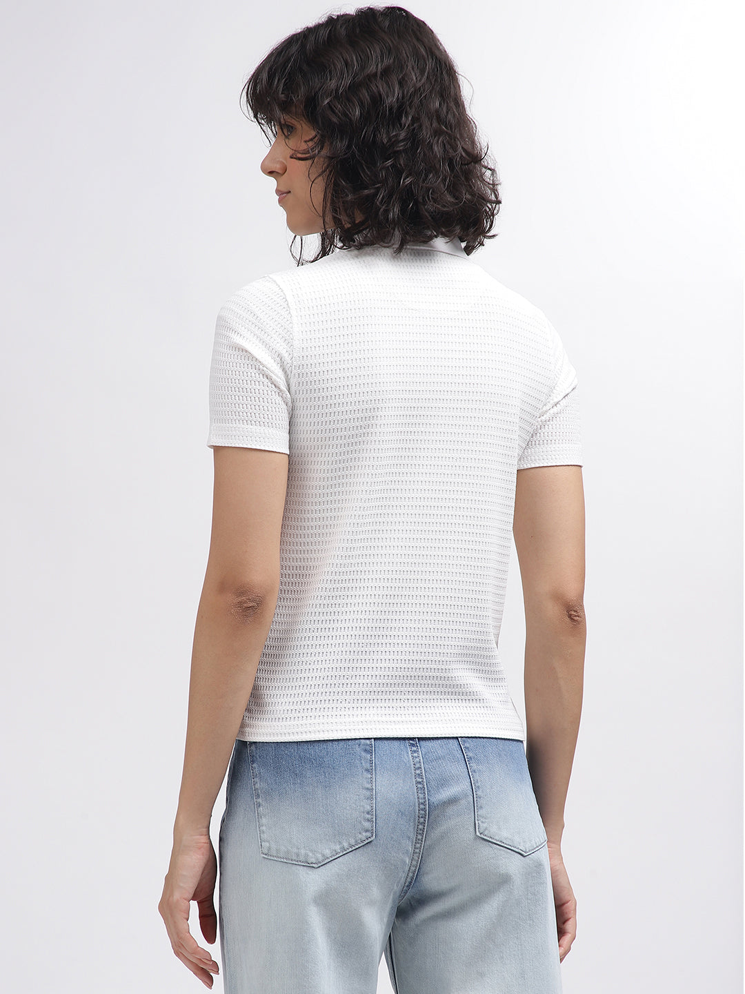 Iconic Women White Self-Design Polo Collar Short Sleeves T-Shirt