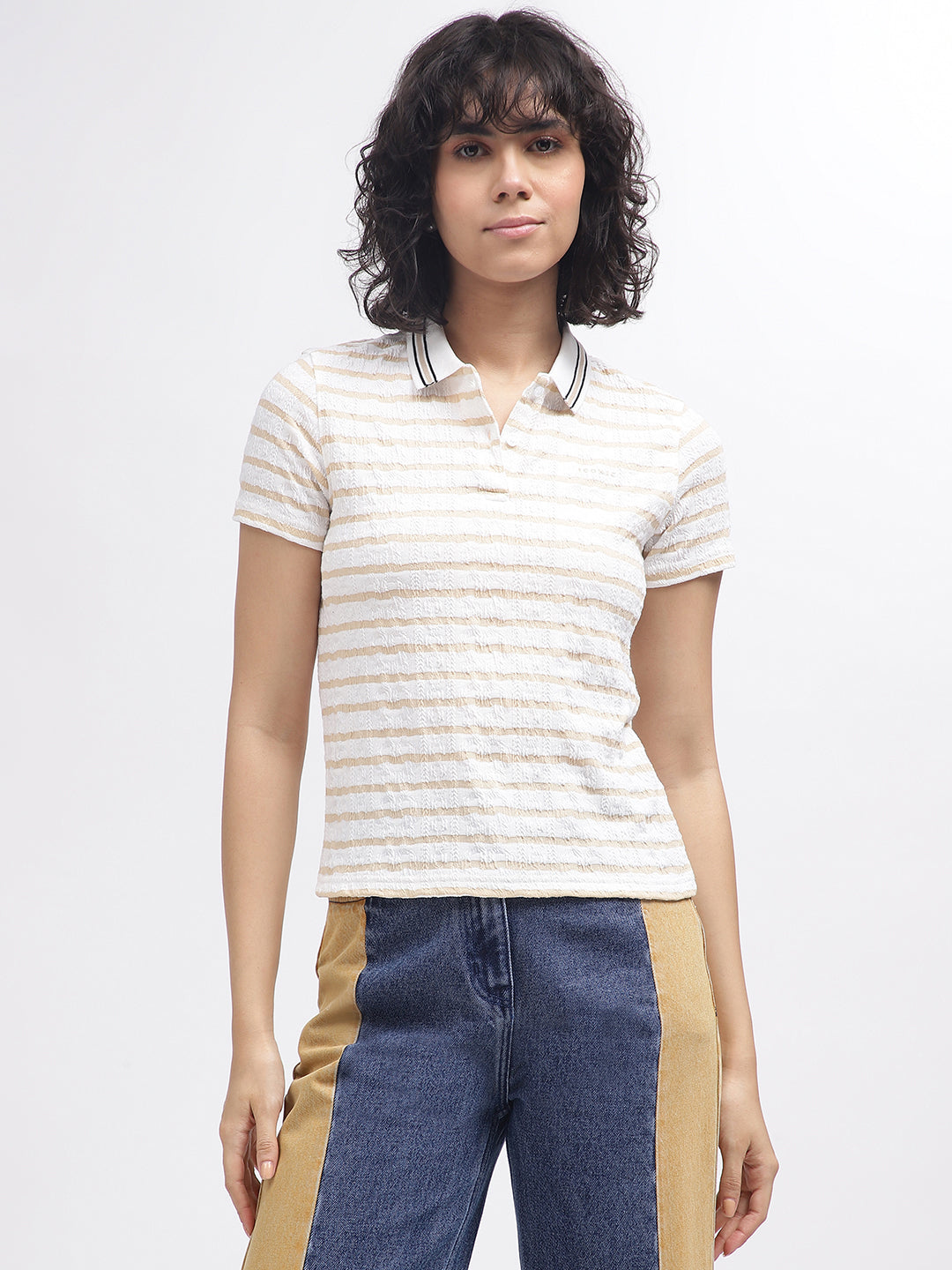 Iconic Women White Striped Polo Collar Short Sleeves T-Shirt