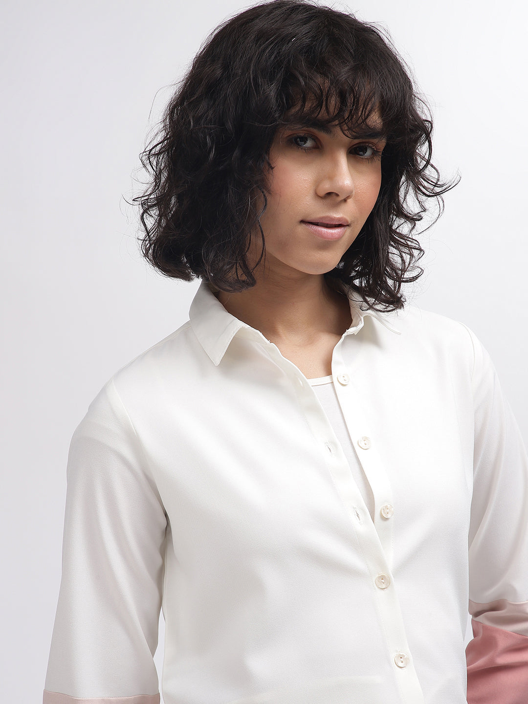 Iconic Women White Colour Blocked Spread Collar Full Sleeves Shirt