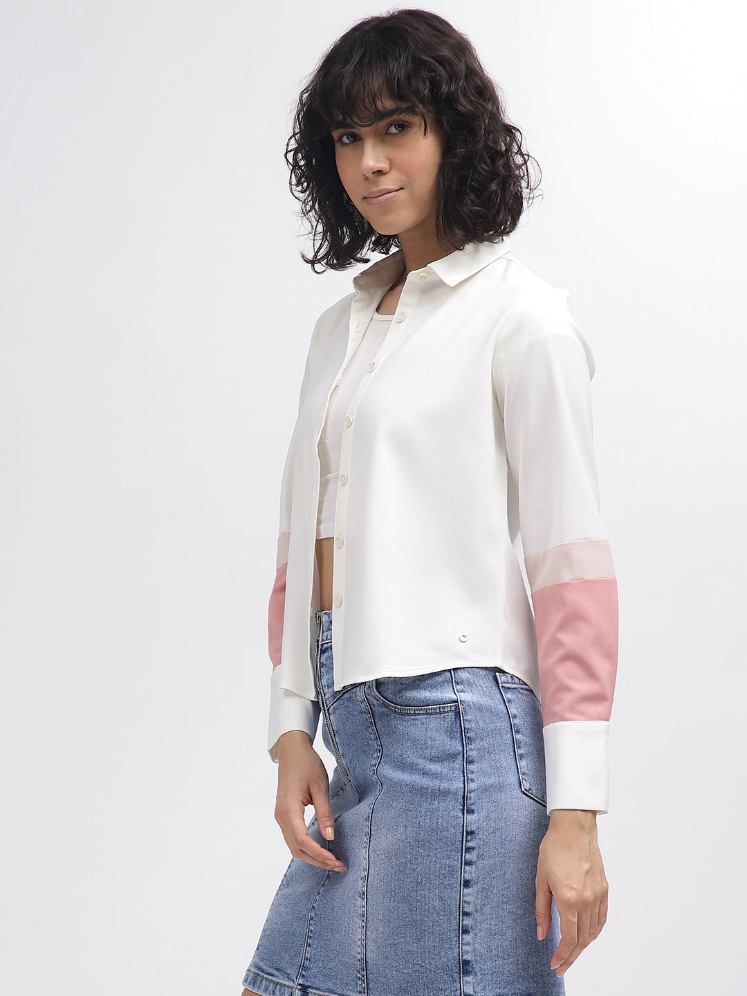 Iconic Women White Colour Blocked Spread Collar Full Sleeves Shirt