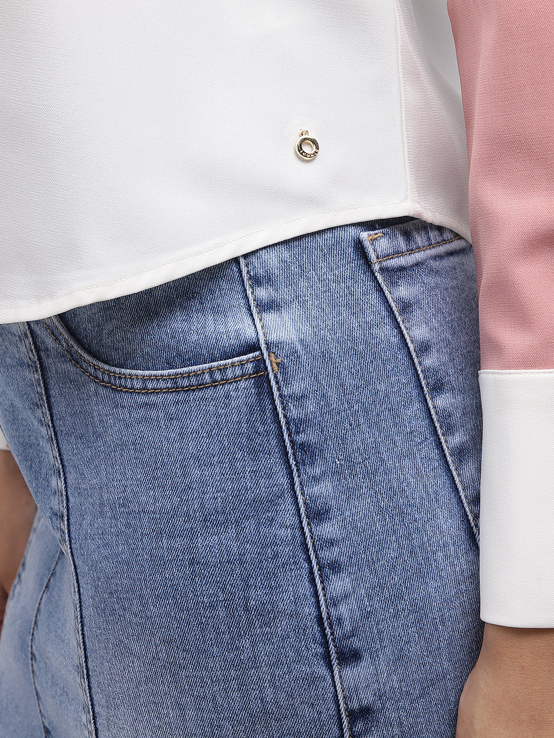 Iconic Women White Colour Blocked Spread Collar Full Sleeves Shirt