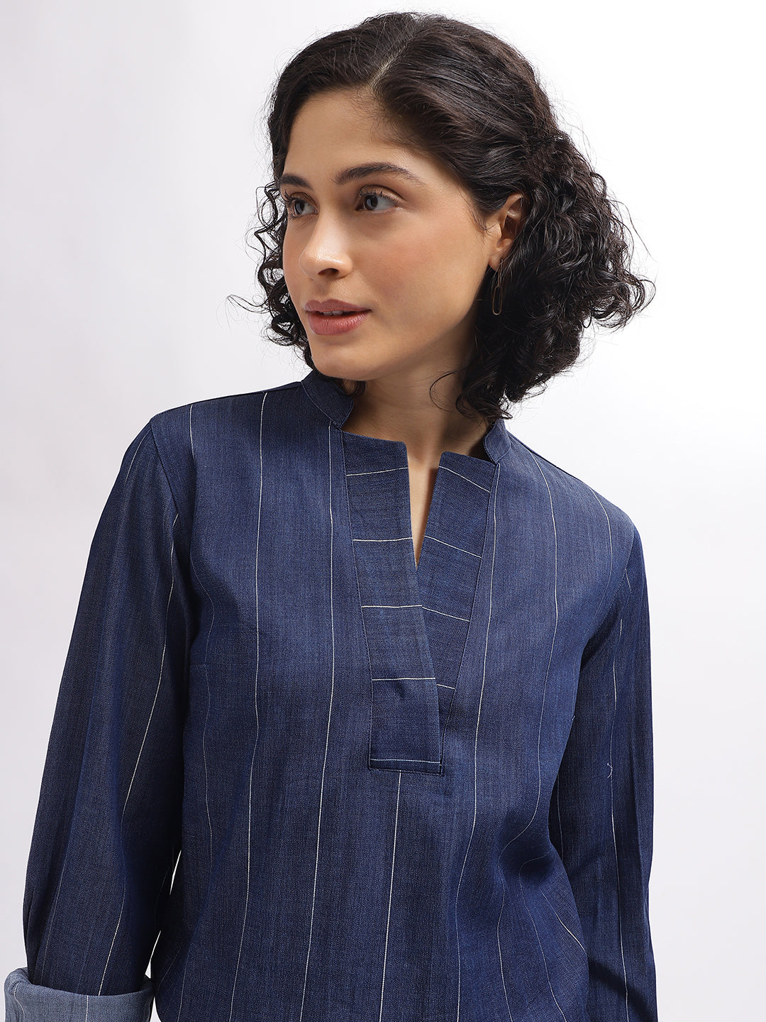 Iconic Women Blue Striped Mandarin Collar Full Sleeves Top