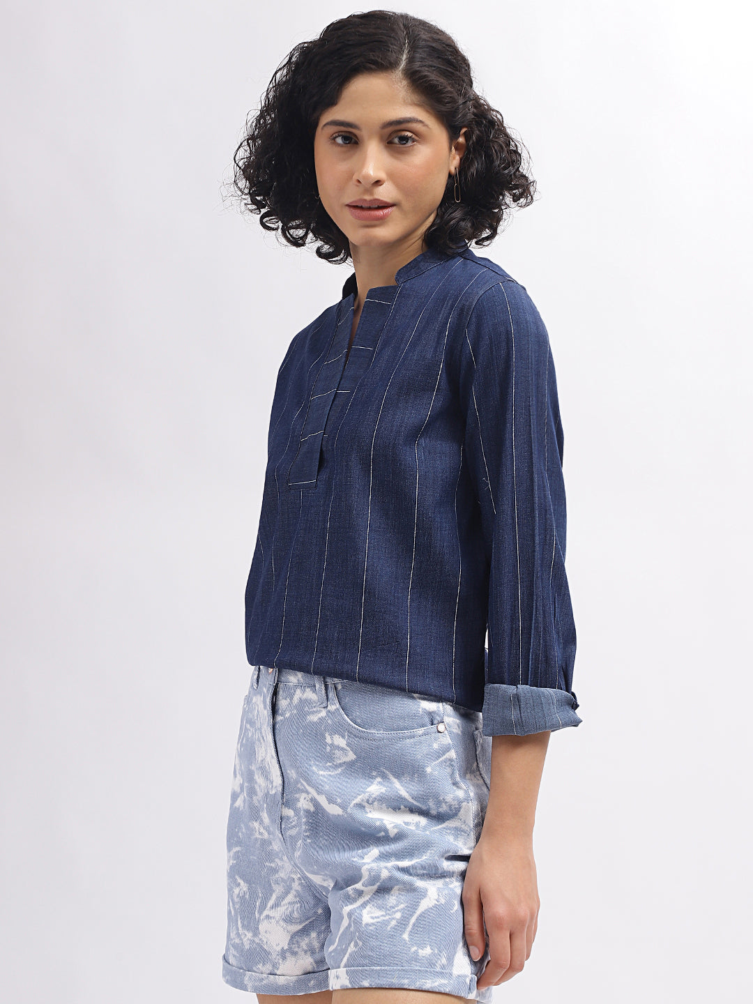 Iconic Women Blue Striped Mandarin Collar Full Sleeves Top