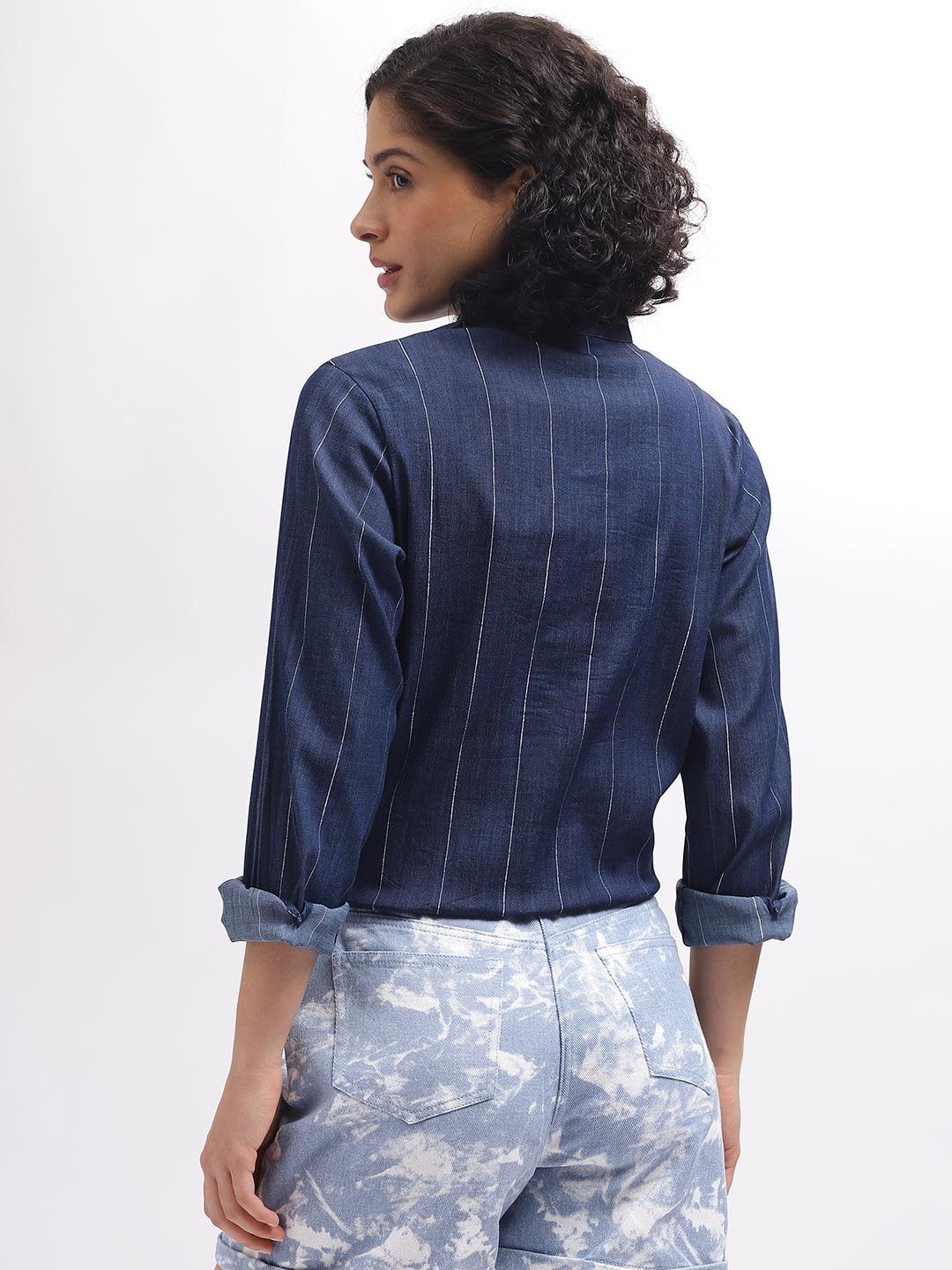 Iconic Women Blue Striped Mandarin Collar Full Sleeves Top