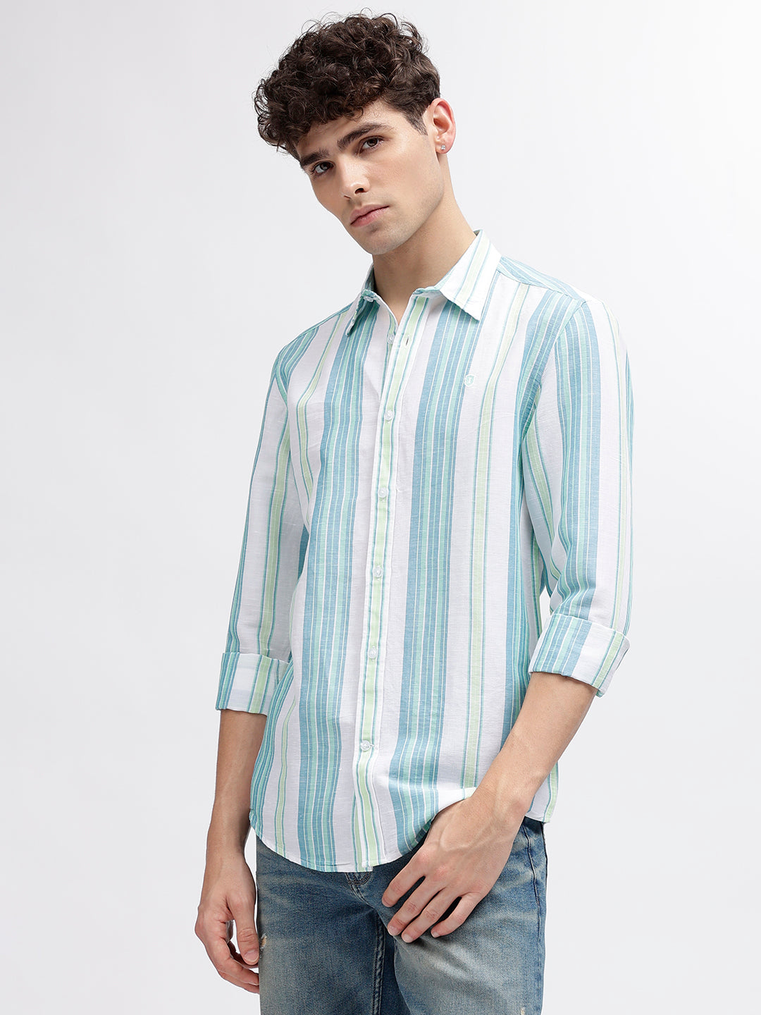 Iconic Men White Striped Spread Collar Full Sleeves Shirt