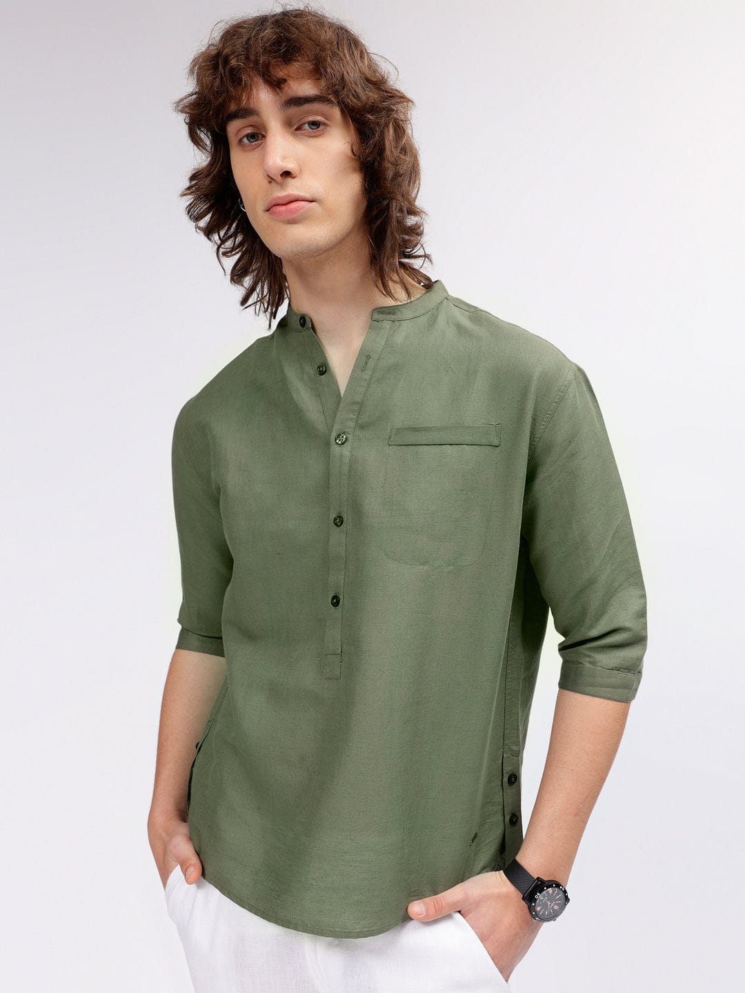 Iconic Men Green Mandarin Collar Shirt