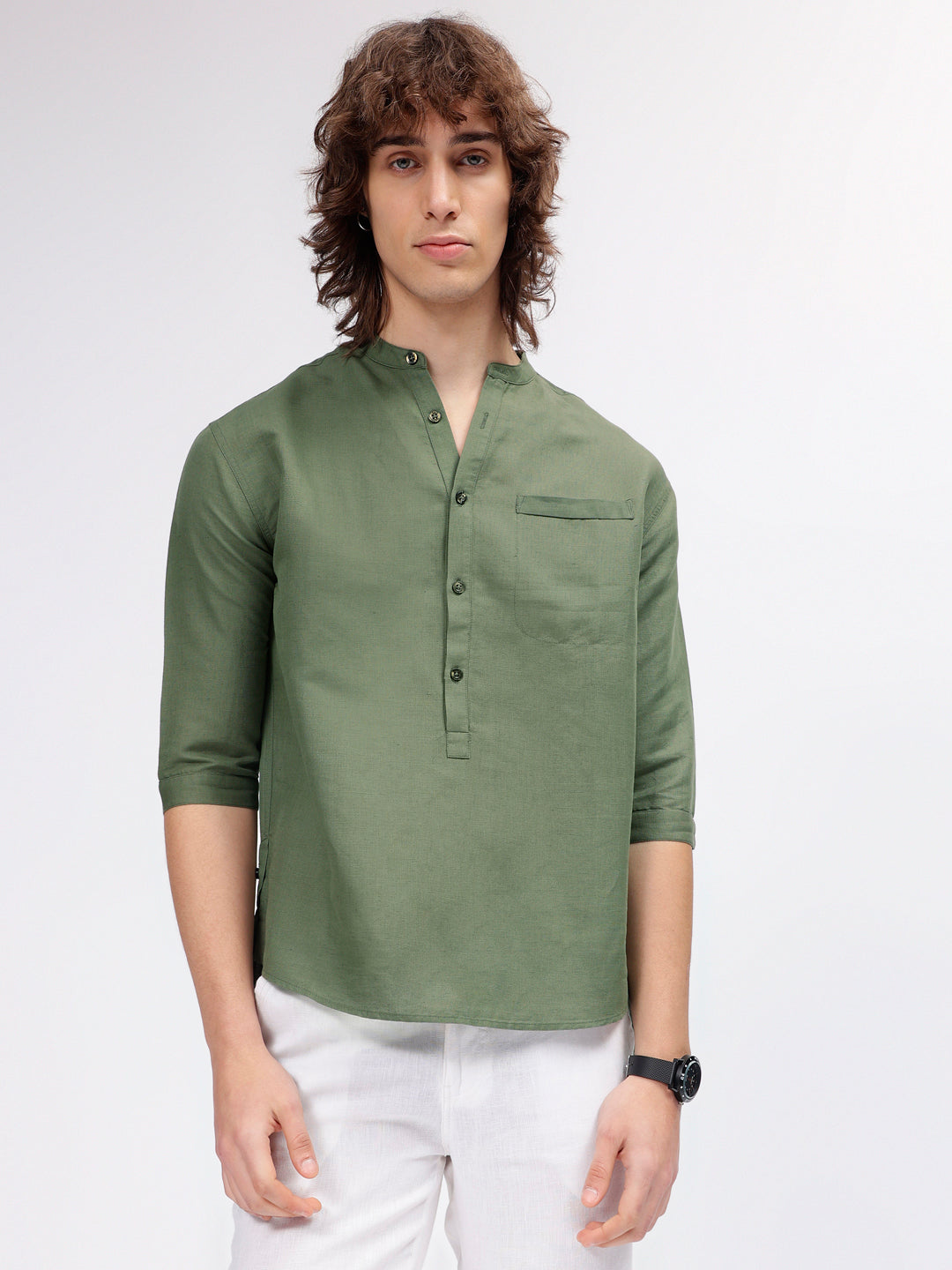 Iconic Men Green Mandarin Collar Shirt